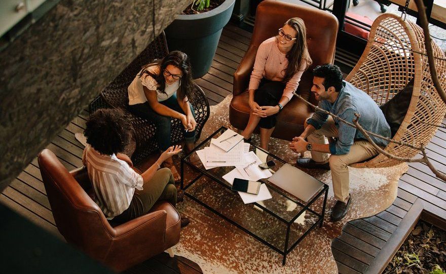 Corporate business team meeting featuring brainstorming, break, and business